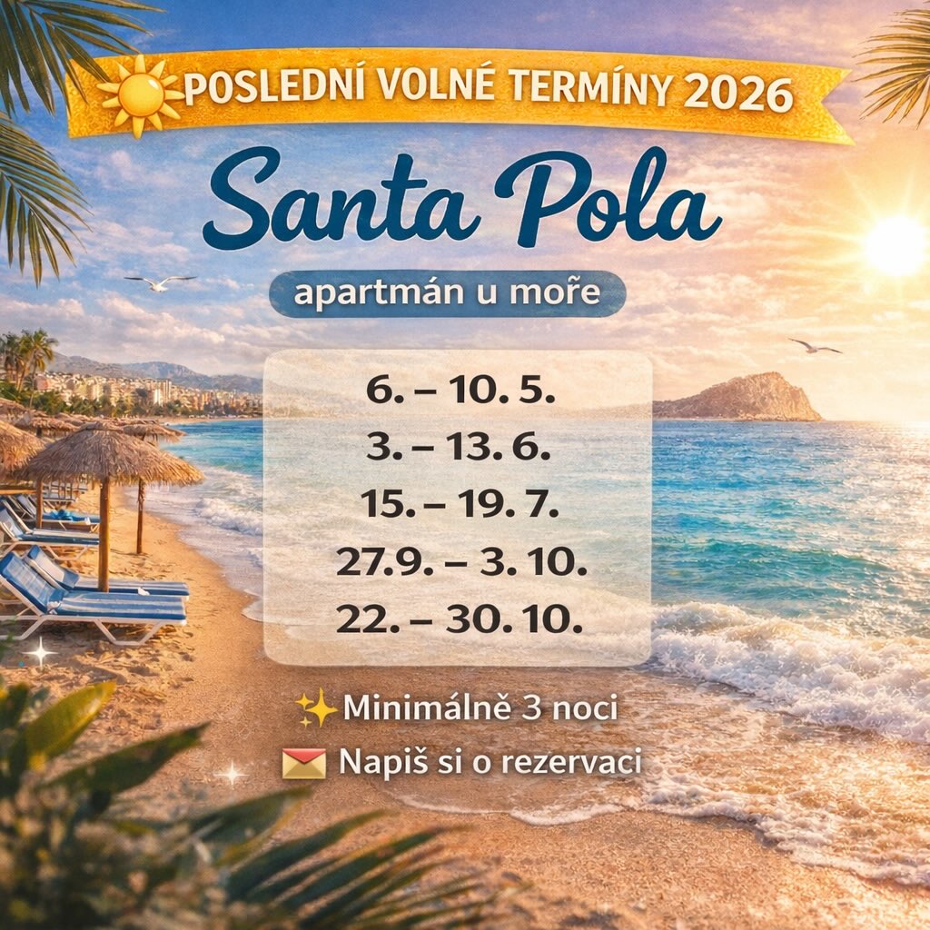 Možná ještě nemáš plán na letošní dovolenou… a možná je právě teď ideální chvíle to změnit 🌊☀️

🏡 **REZIDENCE SANTA POLA**
📍 dovolená u moře ve Španělsku
📅 poslední volné termíny 2026

👨‍👩‍👧‍👦 pro rodiny
👥 pro menší i větší skupiny
👫 pro páry i jednotlivce

Pokud cítíš, že už potřebuješ vypnout, zpomalit a nadechnout se mořského vzduchu…
tohle je přesně ono ✨

☕ Ráno – káva na terase
🌊 Přes den – moře, pláž nebo výlet
🍷 Večer – pomalé večeře a teplý vzduch od moře

📍 **LOKALITA & KLID**
🌊 blízko moře i centra
🗓️ mimo hlavní sezónu
🚫 bez davů
😌 bez stresu

✈️ **SERVIS BEZ STAROSTÍ**
🎫 pomůžeme s výběrem letenek
🚐 zajistíme transfer z letiště
🧳 dovolená vyřešená od odletu až po návrat

👉 Napiš nám zprávu a rezervuj si svůj termín
🌐 [www.prazdninyvespanelsku.cz](http://www.prazdninyvespanelsku.cz)

#prazdninyvespanelsku
#residencesantapola
#dovolenaumore
#spanelsko
#santapola