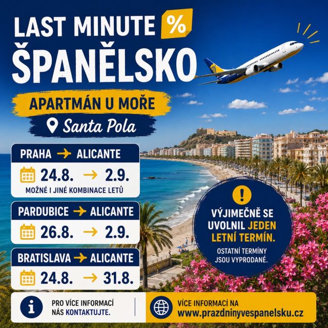 🌴☀️✈️ *LETNÍ DOVOLENÁ V REZIDENCI SANTA POLA* 🇪🇸🏖️

Výjimečně se nám uvolnil jeden termín na přelomu srpna a září. 🌊

✈️ Možné odlety z Prahy, Pardubic i Bratislavy
🏠 Apartmán přímo u moře v Santa Pole
🚖 Jsme jen 15 minut od letiště Alicante a rádi pomůžeme se zajištěním transferu
🎫 Poradíme s výběrem a nákupem letenek
🍽️ Doporučíme restaurace, výlety i místa na nákupy
🤝 Jsme vám k dispozici před cestou i během pobytu

⚠️ Ostatní letní termíny jsou již obsazené.

📩 Napište nám zprávu pro více informací.
🌐 www.prazdninyvespanelsku.cz

#RezidenceSantaPola #PrazdninyVeSpanelsku #SantaPola #Alicante #CostaBlanca