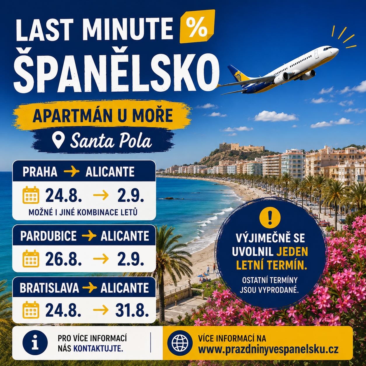 🌴☀️✈️ *LETNÍ DOVOLENÁ V REZIDENCI SANTA POLA* 🇪🇸🏖️

Výjimečně se nám uvolnil jeden termín na přelomu srpna a září. 🌊

✈️ Možné odlety z Prahy, Pardubic i Bratislavy
🏠 Apartmán přímo u moře v Santa Pole
🚖 Jsme jen 15 minut od letiště Alicante a rádi pomůžeme se zajištěním transferu
🎫 Poradíme s výběrem a nákupem letenek
🍽️ Doporučíme restaurace, výlety i místa na nákupy
🤝 Jsme vám k dispozici před cestou i během pobytu

⚠️ Ostatní letní termíny jsou již obsazené.

📩 Napište nám zprávu pro více informací.
🌐 www.prazdninyvespanelsku.cz

#RezidenceSantaPola #PrazdninyVeSpanelsku #SantaPola #Alicante #CostaBlanca